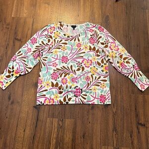 Talbots Pure Merino Wool Puff Sleeve Sweater Floral Print Long Sleeve Size XL